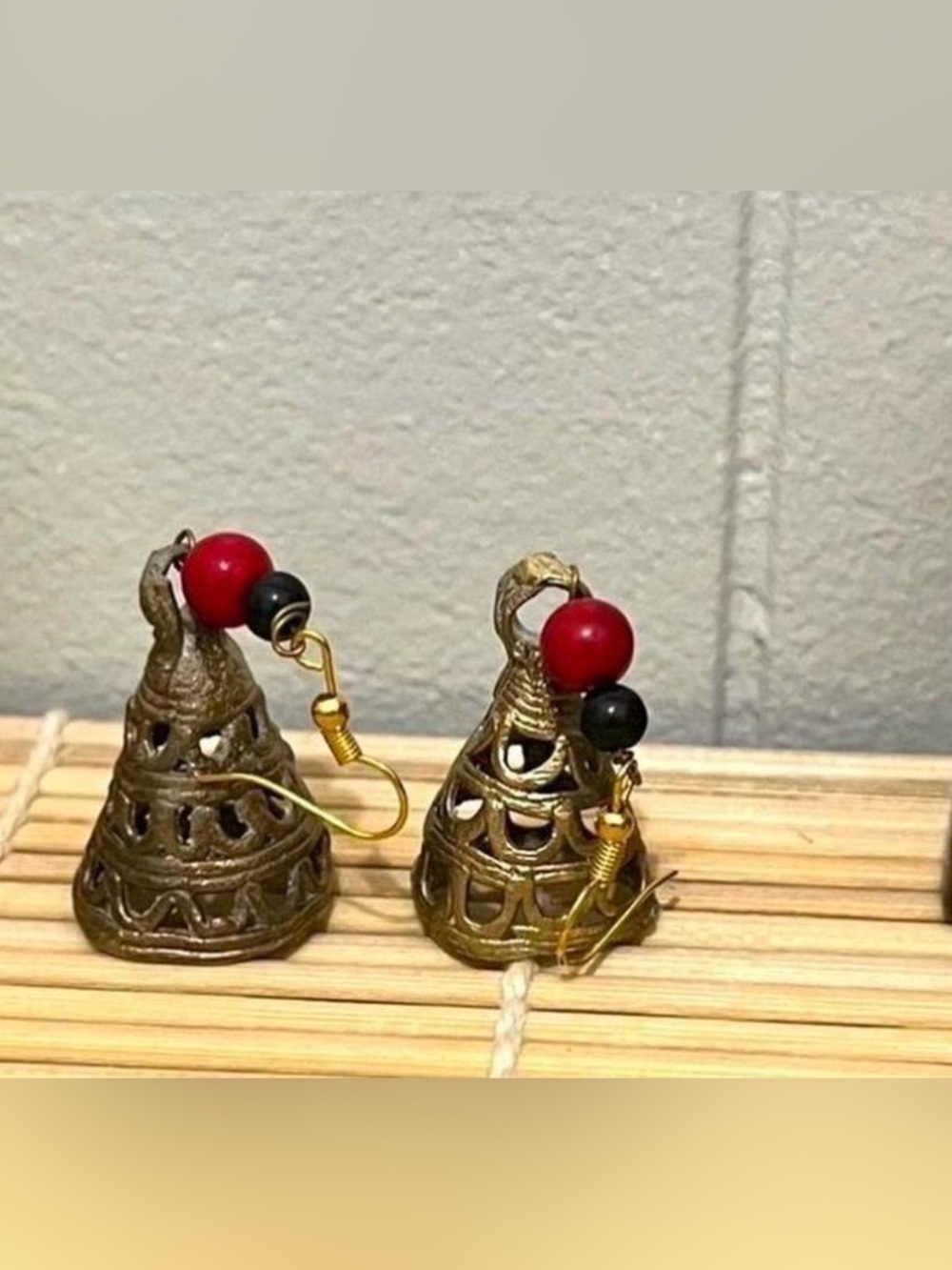 Vintage Handcrafted Brass Bell Dangle Earrings with Red and Black Beads